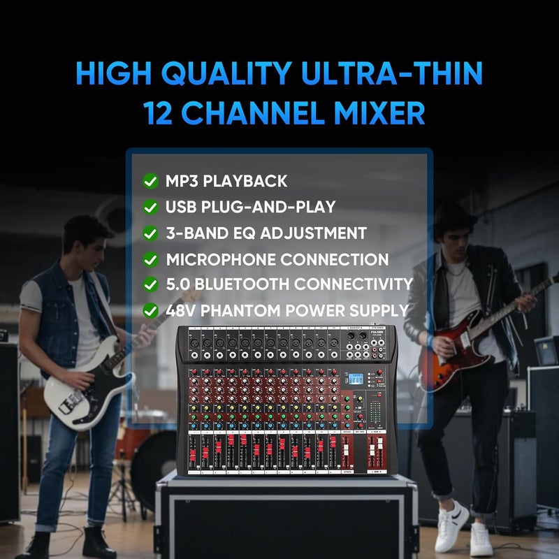 FULUODE 12 Channel Mixer Audio Console, CT-120S Professional Music Mixer DJ Mixing Board with Reverb Bluetooth MP3 Player 48V Phantom Power Supply USB Recording for Studio Karaoke Live Performance - Image 2